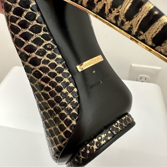 Roberto Cavalli black and gold snake print platform heels - Picture 6 of 10